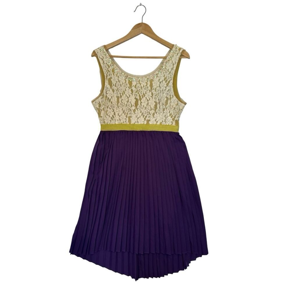 RYU Anthropologie Pleated Cream Lace & Purple High Low Midi Dress Size Large